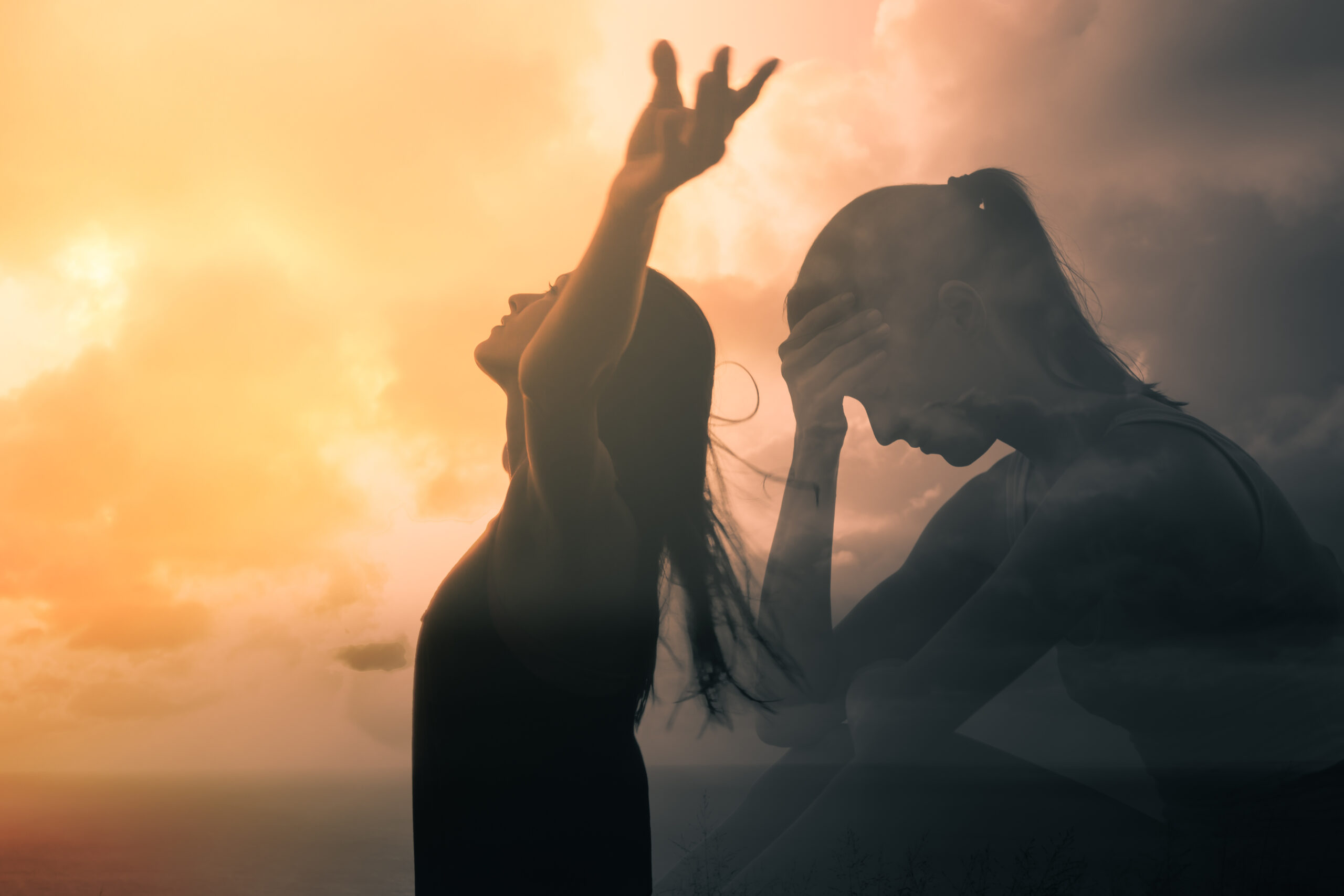 Sad woman becomes happy and free. People letting go of fears, sa