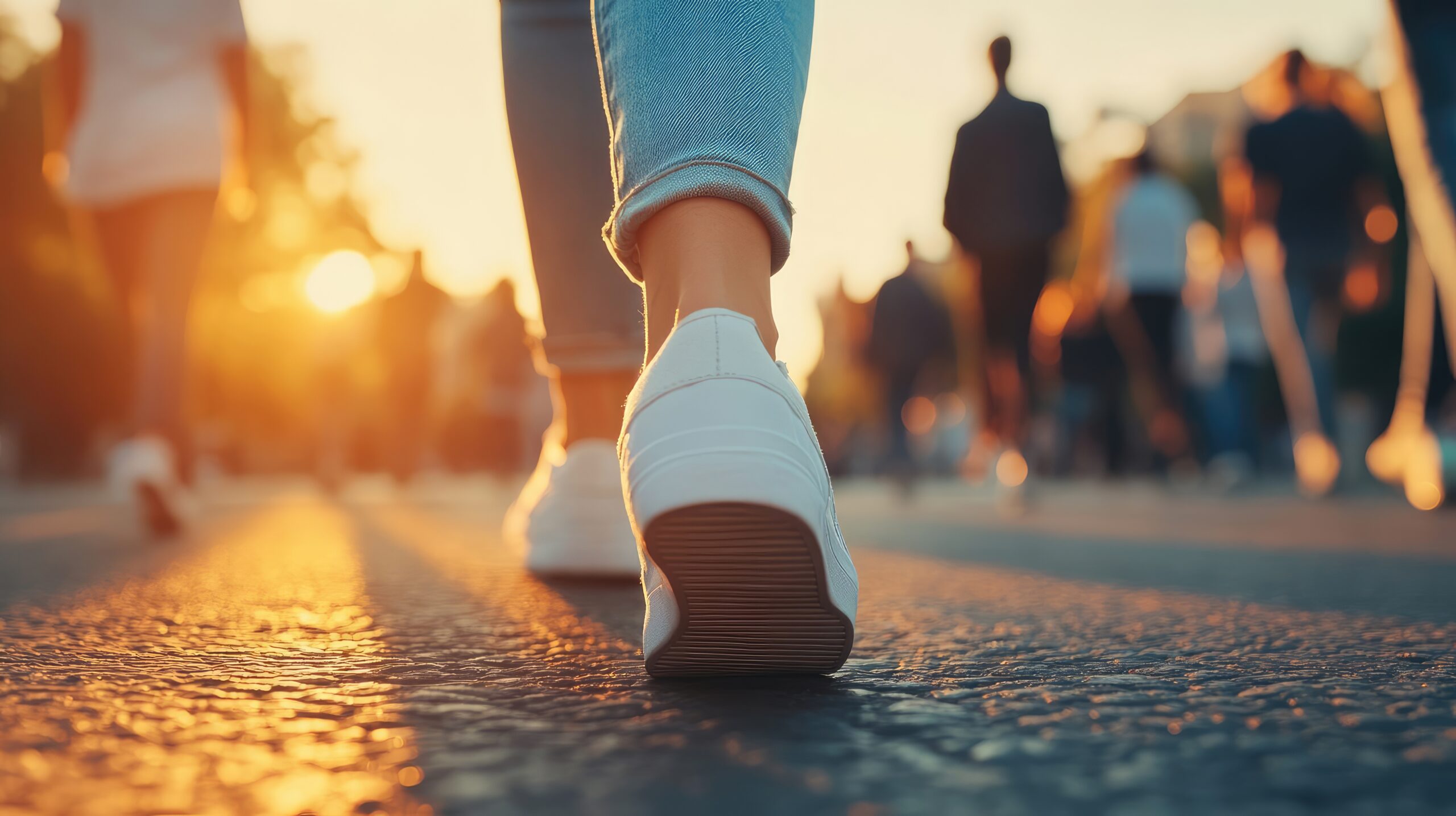 Candid Close-Up of Young People’s Feet in Sneakers Walking on City Street at Sunset